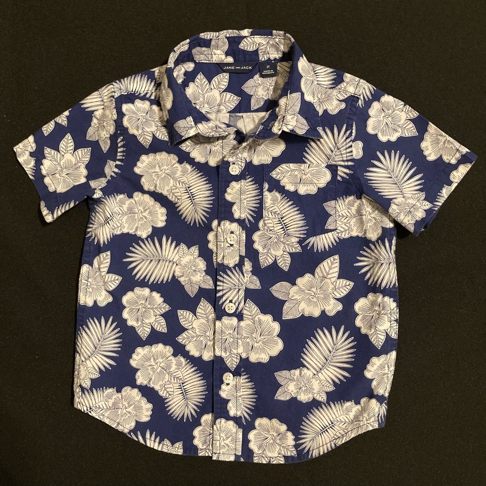 Janie And Jack Boy’s Size 2t Blue & White Palm Print Hawaian Camp Shirt Resort